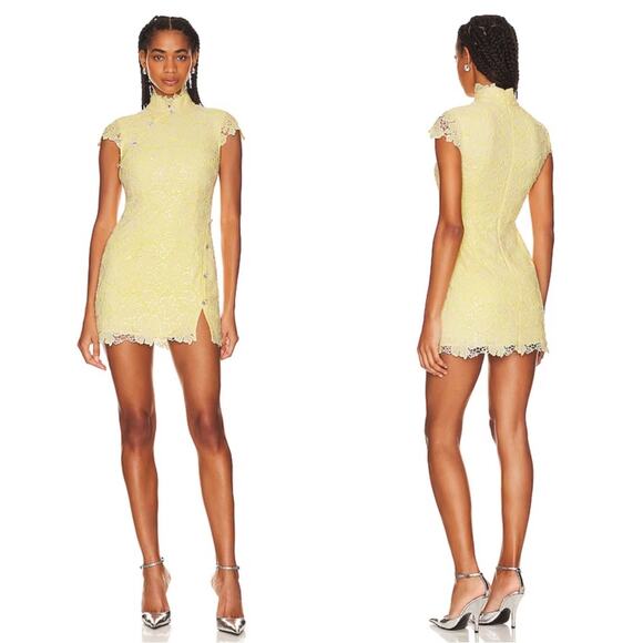 Pre-loved SAU LEE Lemon Yellow Rae Floral Sequin Lace Overlay Mini Dress Size 0 - Picture 2 of 8